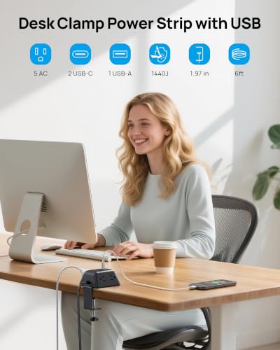 TROND Desk Clamp Power Strip, Desk Charging Station with USB C PD 20W - color: Black, size: 6FT (2C1U & PD 20W)