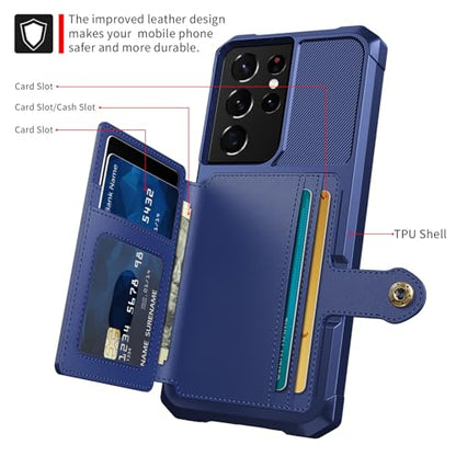 Wallet Case for Samsung Galaxy S21 Ultra, Compatible with Magnetic Car Mount, Heavy Duty Shockproof Rugged Soft TPU Back Leather Flip Credit Card Holder Cover 6.8 inch, Blue | Compatible with Magnetic Car Mount, Shockproof Rugged Soft TPU Hard Back Leathe