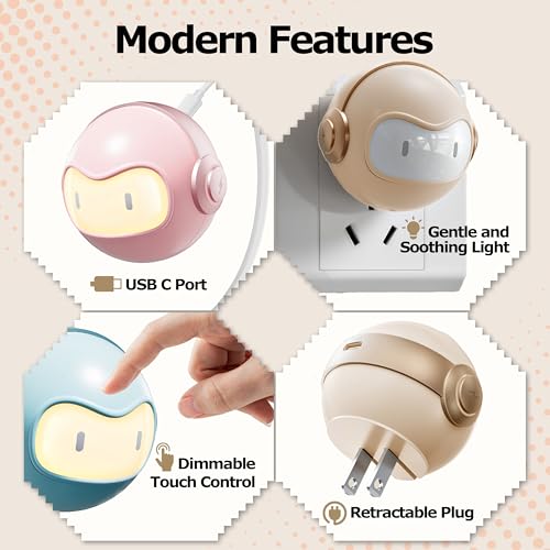 Cute 30W USB C Night Light Wall Charger Space Bot GaN Fast PD Charging Block - Touch Dimmable LED Lamp Power Adapter for iPhone 16, 15 Pro Max, Galaxy S24, iPad, MacBook Air (Beige) - color: Beige