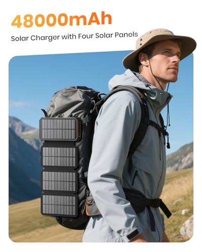 SOARAISE Solar Power Bank 48000mAh Wireless Portable Charger with 4 Cables - color: Orange