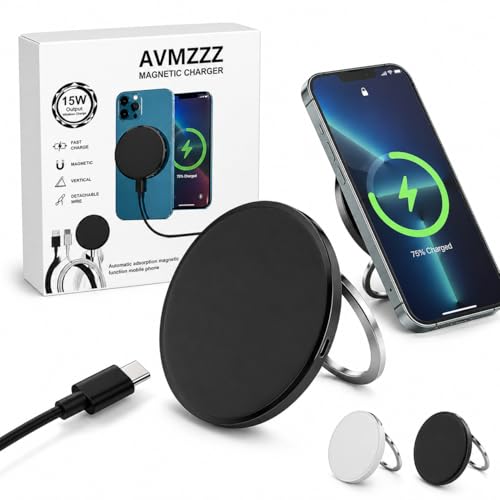 15W Magnetic Wireless Charger with Detachable USB-C Cables & USB-A Adapter - color: Black