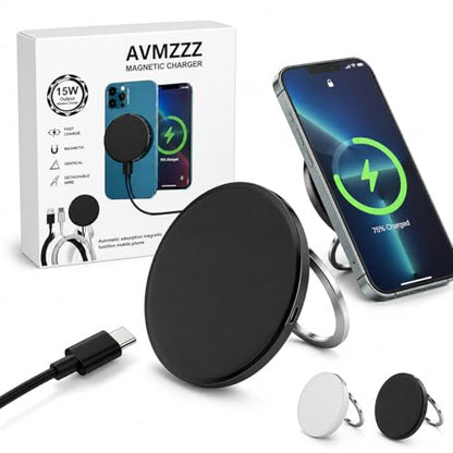 15W Magnetic Wireless Charger with Detachable USB-C Cables & USB-A Adapter - color: Black
