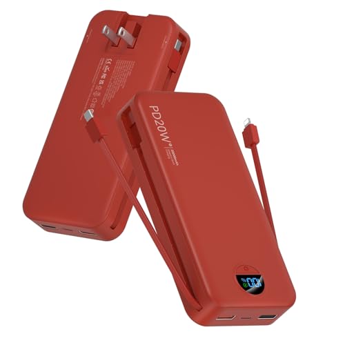 citicr Portable Charger 20000mAh PD20W w/Built-in Cables & Wall Plug Red - color: Ruby