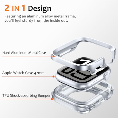 Amizee 2 in 1 Metal Rugged Case Compatible with Apple Watch Series 11/10 42mm, Aluminum Shockproof Protective Bumper Cover for iWatch 42mm, Silver - color: Silver, size: 42 mm
