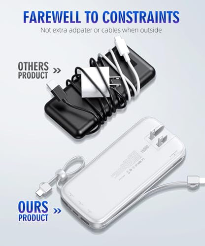 Portable Charger Power Bank, 15000mAh Portable Charger Fast Charging Lightweight, Built-in AC Wall Plug and 2 Output Cables with LED Display for iPhone Samsung iPad etc