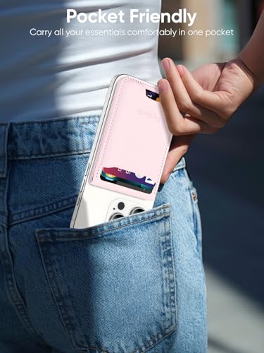 TopMade Phone Card Holder, Leather Phone Wallet Stick on with Stand, Open ID Window, Strongest 3M Adhesive Credit Card Holder for Back of Phone Case, iPhone, Samsung, and Android, Fit 6 Cards, Pink - color: Pink