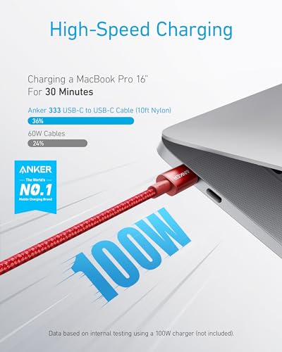 Anker USB C to USB C Cable, 100W Fast Charging Cable (1-Pack, 6 ft, Red) - color: Red, size: 10ft