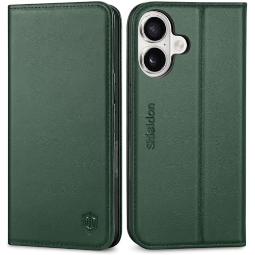 SHIELDON Genuine Leather Wallet Case for iPhone 17 6.3" 2025, Evergreen | RFID Blocking, Credit Card Holder, Magnetic Closure, Kickstand, Folio Design, Full Protection, Shockproof Phone Cover - color: Evergreen