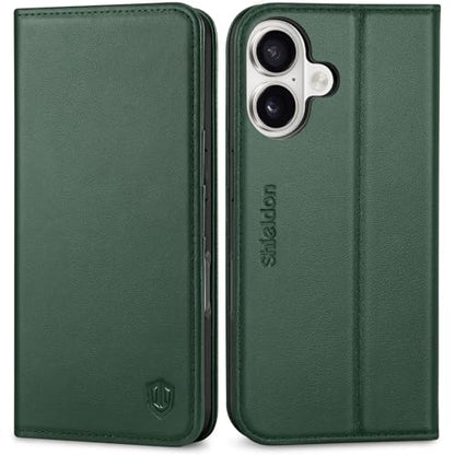 SHIELDON Genuine Leather Wallet Case for iPhone 17 6.3" 2025, Evergreen | RFID Blocking, Credit Card Holder, Magnetic Closure, Kickstand, Folio Design, Full Protection, Shockproof Phone Cover - color: Evergreen