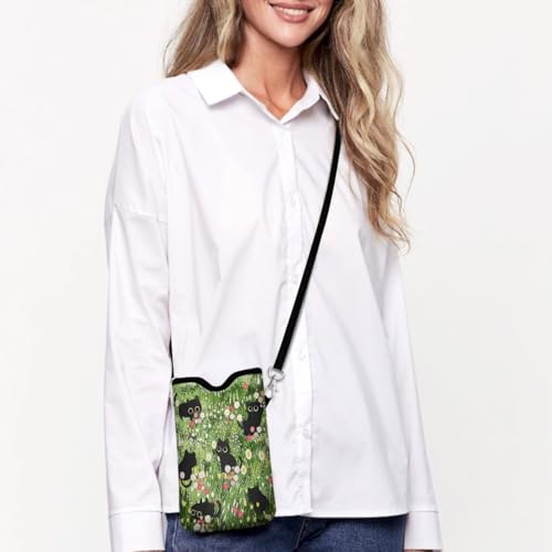 Universal Phone Sleeve Pouch with Crossbody Strap 7.6 X 4.3 Inches Shockproof Water Resistant Mobile Protection Bag-Black Cat Floral Neoprene Phone Pouch Bag - color: Black Cat Floral-Phone Pouch
