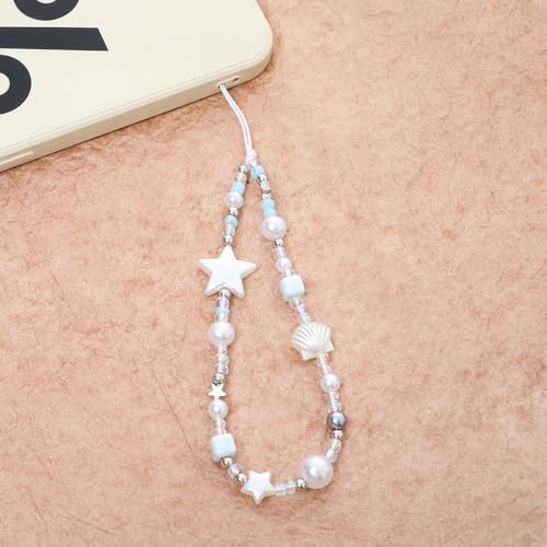 Cute Beaded Camera Wrist Strap for Phone, Digital Camera Charm Lanyard, Pearl Beaded Chain for Bag Keychain Gift - color: White Star