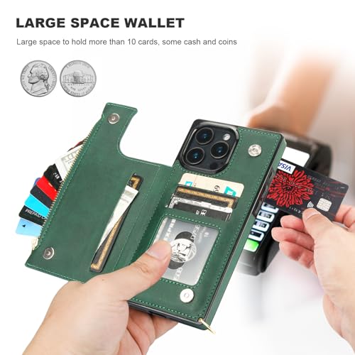 Bocasal Crossbody Wallet Case with Strap for iPhone 16 Pro Max, Green | RFID Blocking Card Slot Holder, Magnetic Flip Folio Purse Case, PU Leather Zipper Handbag Detachable Lanyard Strap 6.9 Inch - color: Green