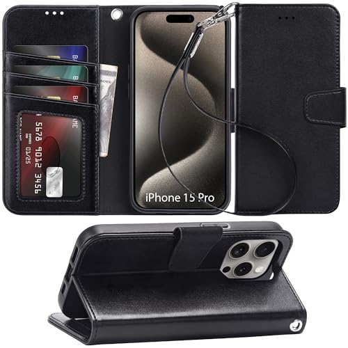 Arae Compatible with iPhone 15 Pro Case with Card Holder and Wrist Strap Wallet Flip Cover for iPhone 15 Pro 6.1 inch,Black - color: Black, size: iPhone 15 Pro 6.1 inch
