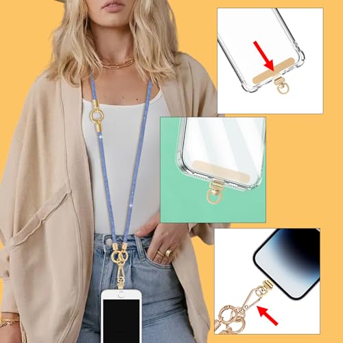 Crystal Phone Strap Crossbody and Wrist Lanyard, Anti Theft Layered & Wrist Strap Cell Phone Neck for Women - color: Light Blue Crystal