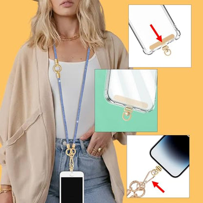 Crystal Phone Strap Crossbody and Wrist Lanyard, Anti Theft Layered & Wrist Strap Cell Phone Neck for Women - color: Light Blue Crystal