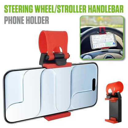 Cellet Universal Steering Wheel Phone Mount Holder - Adjustable Handlebar Cradle Clamp Fits iPhone 16 15 14 13 Pro Black, Fits Standard Devices 2.1" to 3.1" Wide, Stroller & Exercise Bike Bracket