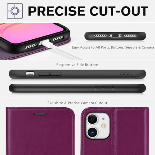 TUCCH Wallet Case for iPhone 11 (6.1") 2019, 3 Card Holders, Plum Purple | RFID Blocking, Viewing Stand, Shockproof TPU Shell, PU Leather, Magnetic Closure, Protective Folio Flip Cover - color: Plum Purple