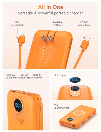 Portable Charger Power Bank 10000mAh PD20W w/Built-in Cables & AC Plug - color: Orange