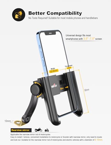 Grefay Motorcycle Phone Mount, 1S Quick Release Anti Shake Motorbike Phone Holder for 3.5-7.0 Inch Smartphone for Motorcycle Mirror Phone Mount with 360° Rotatabe