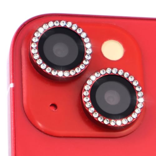 Camera Lens Protector for iPhone 15/15 Plus/14/14 Plus Bling Diamond Metal Ring Rhinestone Tempered Glass Lens Cover Accessories (Red) - color: Red