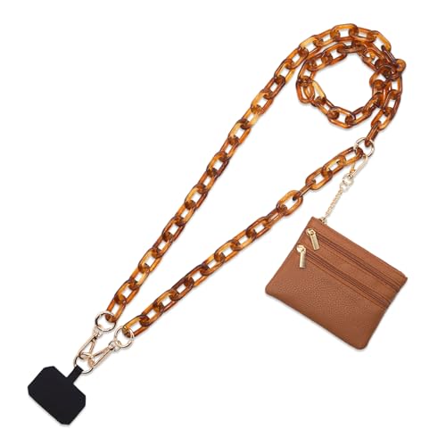 Long Keeper Phone Crossbody Chain Acrylic Phone Lanyards with Zipper Wallet Women Cellphone Strap Wrist Bracelet Purse Strap - color: Brown Gold