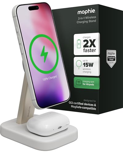 Mophie 2-in-1 Wireless Charging Stand - Qi2-Certified, MagSafe Charger for iPhone & AirPods – Fast Charging Station with Adjustable Phone Stand & Cable Management – Up to 15W Power - color: White, size: 2-in-1 iPhone/ Apple Airpods Charging Stand