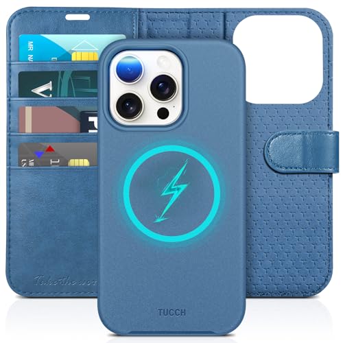 TUCCH 2-in-1 Removable Wallet Case for iPhone 15 Pro 6.1" 2023, Light Blue | RFID Blocking, 4 Card Holders, Kickstand, Wireless Charging, Shockproof TPU, PU Leather, Magnetic, Flip Cover - color: Lake Blue (2-in-1 Detachable)