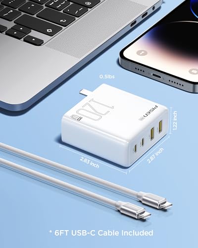 Pisen 120W 4-Port GaN USB-C Charger Block With 6FT USB-C To C Cable For MacBook Pro/Air, Pixelbook, iPad, iPhone, Samsung, Pixel 8, Steam Deck