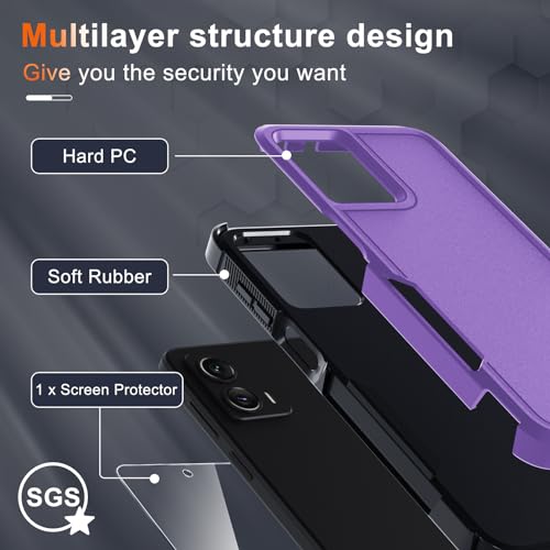 for Motorola Moto G Power 5G 2024 Case, Full Body Heavy Duty Rugged Shockproof Protective Phone Cover with Lanyard Strap, Tempered Glass Screen Protector,Lavender | with Tempered Glass Screen Protector+Lanyard Strap,Rugged Shockproof Protective Phone Case