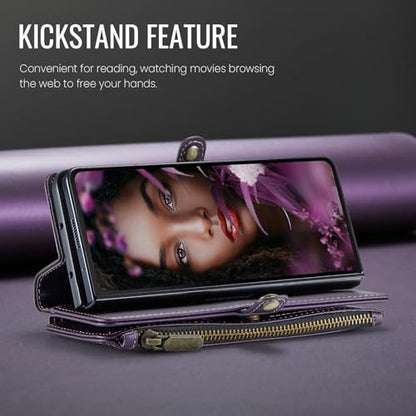 Defencase for Samsung Galaxy Z Fold 6 Wallet Case with Card Holder, Purple | Durable Soft PU Leather, RFID Blcking Zipper Pocket, with S-Pen Holder & Strap, Flip Phone Cases with Stand for Women Men - color: Aesthetic Purple