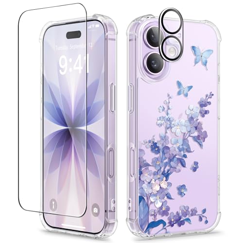 GVIEWIN for iPhone 17 Case Floral, Slim Clear Non-Yellowing | Shockproof Protective, Screen Protector+Camera Lens Protector, Women Phone Case for iPhone 17 6.3", Syringa/Purple - color: Syringa/Purple