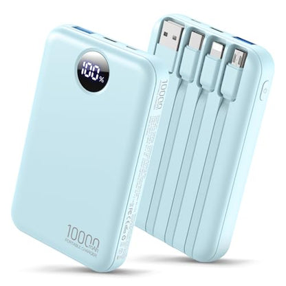Portable Charger 10000mAh Power Bank with 4 Built-in Cables,LED Display Compact and Battery Pack with Multiple USB Ports All-in-One Travel Charger for iPhone,Android and Other Devices-Sky Blue