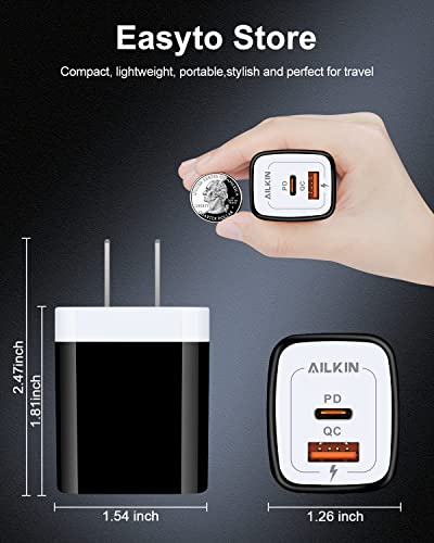 3Pack Dual Port USB-C Wall Plug-in USBC Charger, AILKIN 20W Power Delivery - color: Black-White
