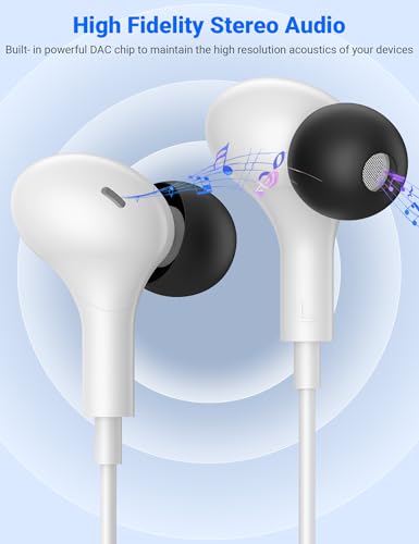 USB C Earbuds with Microphone Cute in Ear Wired Headphone - color: White Black
