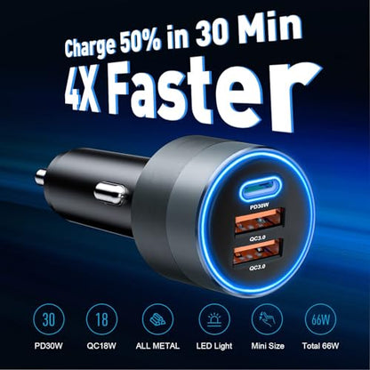 USB C Car Charger for iPhone 16, 66W Car Cigarette Lighter Adapter USB Fast Car Charger PD 30W+Dual QC3.0 [Metal Shell] [Ambient Light] for iPhone 16 15 14 13 Pro Max Samsung Galaxy Note Google Pixel