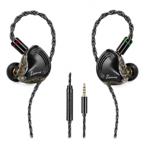 Rosmas Wired Earbuds with Mic,SM10 Pro Wired Gaming IEM Earbuds with Mic, Detachable 2-Pin Cable, 4BA+1DD Hybrid in-Ear Headphones, Secure Over-Ear Fit, 3.5mm for PC and Controllers，Black - color: Black