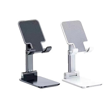 2 Pack Cell Phone Stand for Desk,Fully Foldable,Portable,Phone Holder with Silicon Pad,Angle Height Adjustable,Metal Weighted for Base,Compatible with All Mobile Phones (White & Black) - color: White & Black
