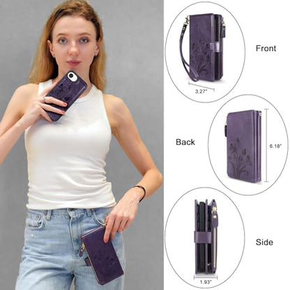 Case Wallet Compatible with iPhone 16e/17e, [12 Card Slots] ID Credit Cash Holder Zipper Pocket Detachable Leather Wallet Cover with Wrist Strap Lanyard（Floral Dark Purple） - color: Floral Dark Purple