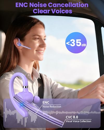 New Bee Bluetooth Headset V5.1 72H Talk Dual Mic with Mute Button for Work, Wireless Hand-Free Bluetooth Earpiece with 500mAh Charging Case for Cell Phone Calls Driver (M54, Purple) - color: Purple