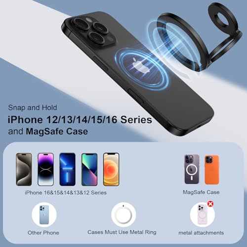 Magnetic Phone Ring Holder for MagSafe Gym Phone Grip Stand Finger Ring Kickstand Dual-Sided Magnetic Stand for iPhone 17 16 Pro Max 16e 15 14 13 12 Pro Max,Samsung,Compatible for Wireless Car Mount - color: Black