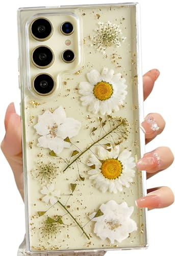 LSEEKA for Samsung Galaxy S24 Ultra Clear Case with Pressed Real Dried White Flower Design,Transparent Glitter Cute Floral Slim Soft TPU Protective Phone Cover for Samsung Galaxy S24 Ultra - color: White Gold, size: for Samsung Galaxy S24 Ultra