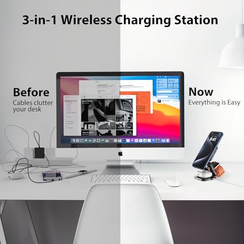 KU XIU X55 Nature Series Fast Magnetic Wireless Charger, Foldable 3 in 1 Charging Station for Apple, Mag-Safe Travel Charger Stand for iPhone 17 16 15 14 13 Series, Apple Watch & AirPods-Marble Black - color: Marble-Black