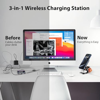 KU XIU X55 Nature Series Fast Magnetic Wireless Charger, Foldable 3 in 1 Charging Station for Apple, Mag-Safe Travel Charger Stand for iPhone 17 16 15 14 13 Series, Apple Watch & AirPods-Marble Black - color: Marble-Black