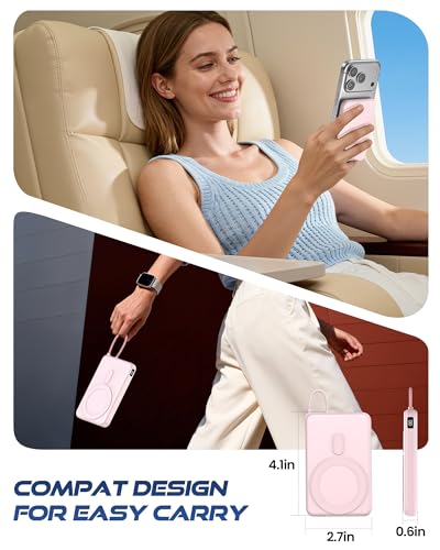 10000mAh Portable Charger, 20W Fast Charging, Built-in Cables with Handle | Charge from 20% to 85% in 30 Mins, 30% Smaller, magnetic grip, Stays Cool, LED Display, for iPhone, Samsung, Android Phones - color: 04.Pink