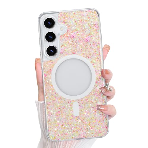 Bonoma for Samsung Galaxy S25 Case Bling Sparkly Crystal -Glitter Orange | Glitter Back, Magnetic Support for MagSafe Shockproof, and Clear High-Duty Protection for Girls Women - color: Glitter Orange, size: Samsung Galaxy S25