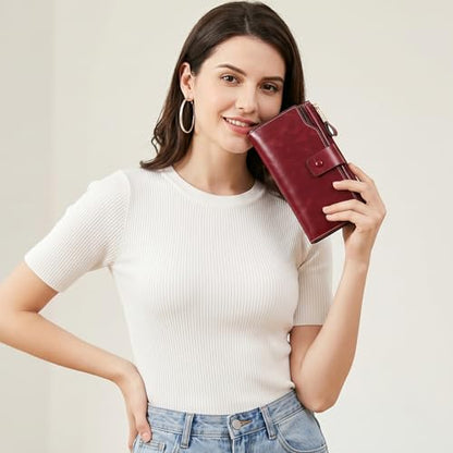 YALUXE Women's Real Leather Wallet RFID Protect 21 Card Slots Phone Pocket - color: 2- Waxed Red, size: Genuine Leather