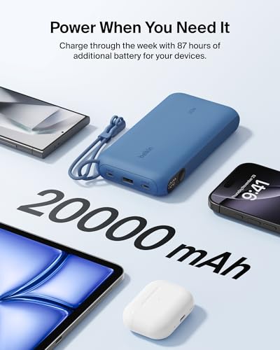 Belkin 20000mAh 20W Power Bank, Digital Display, 2 USB C and USB A Ports - color: Blue, style: 20K mAh