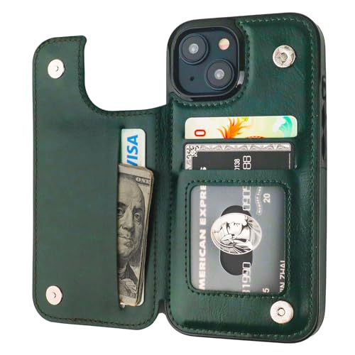 ONETOP for iPhone 15 Wallet Case with Credit Card Holder,Green | Kickstand,ID/Cash Holder,Case Wallet with Card Slots,Double Magnetic Clasp,Durable PU Leather Shockproof Cover for Women Men - color: Green