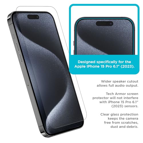 Tech Armor Screen Protector for iPhone 15 Pro, Ballistic Glass, 3-Pack - size: iPhone 15 Pro-6.1 Inch