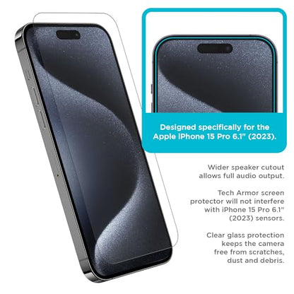 Tech Armor Screen Protector for iPhone 15 Pro, Ballistic Glass, 3-Pack - size: iPhone 15 Pro-6.1 Inch